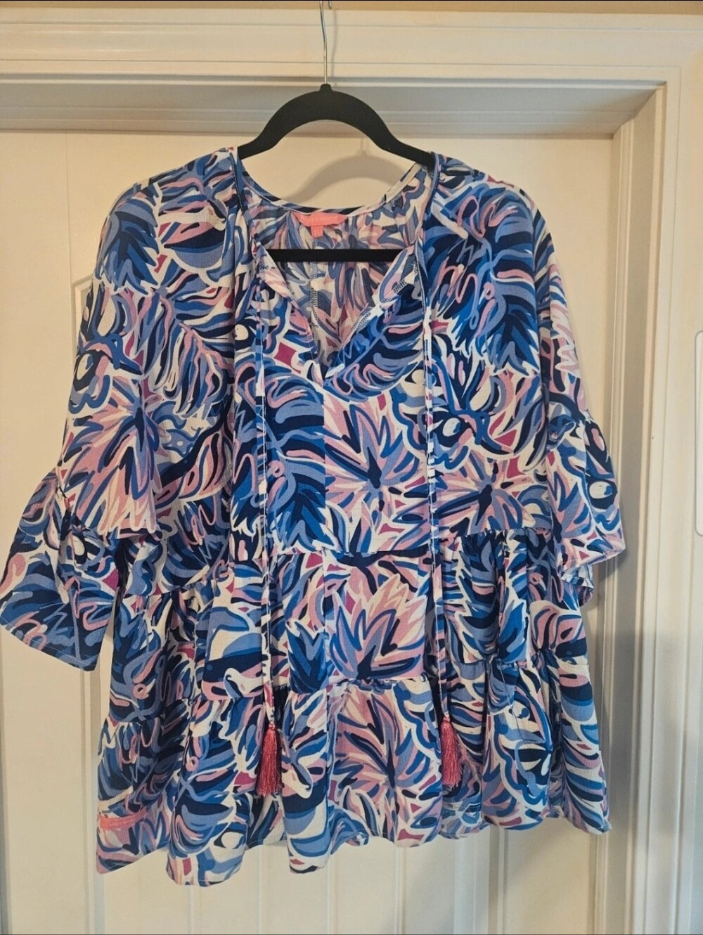 Simply Southern Women’s Blue & Pink Patterned Peasant Blouse